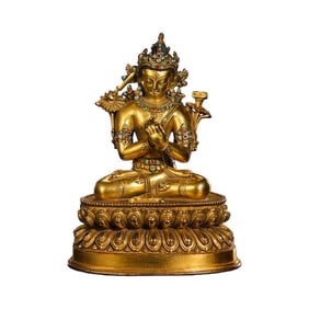 Chinese Ming Dynasty Gilt Bronze Seated Buddha Statue Inlaid with Gemstones