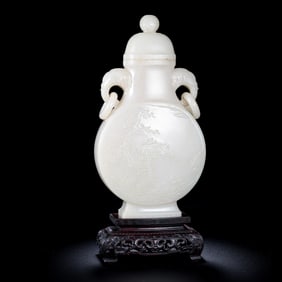Chinese Qing Dynasty Hetian white jade double-ring-eared covered bottle