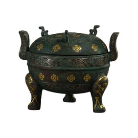 A three-legged, double-eared tripod with gold and silver inlay from the Warring States period of