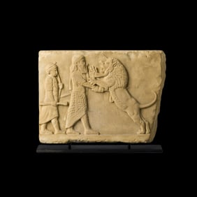 Ancient Near Eastern Regions Culture Carving Lion Hunting Scene On Marble Stone