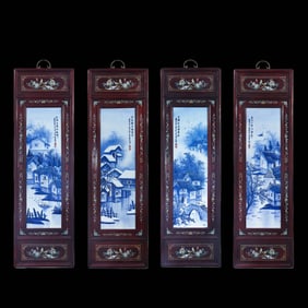 Four-panel hanging screen of blue and white porcelain paintings by Wang Bu, a 20th-century Chinese