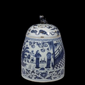 Chinese Ming Dynasty Blue and White Porcelain Jar with Figural Scene Design