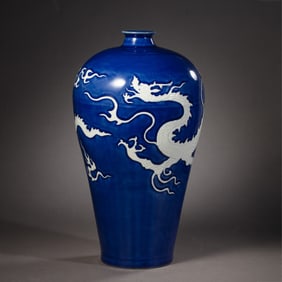Chinese Yuan Dynasty blue-glazed plum vase with white dragon design