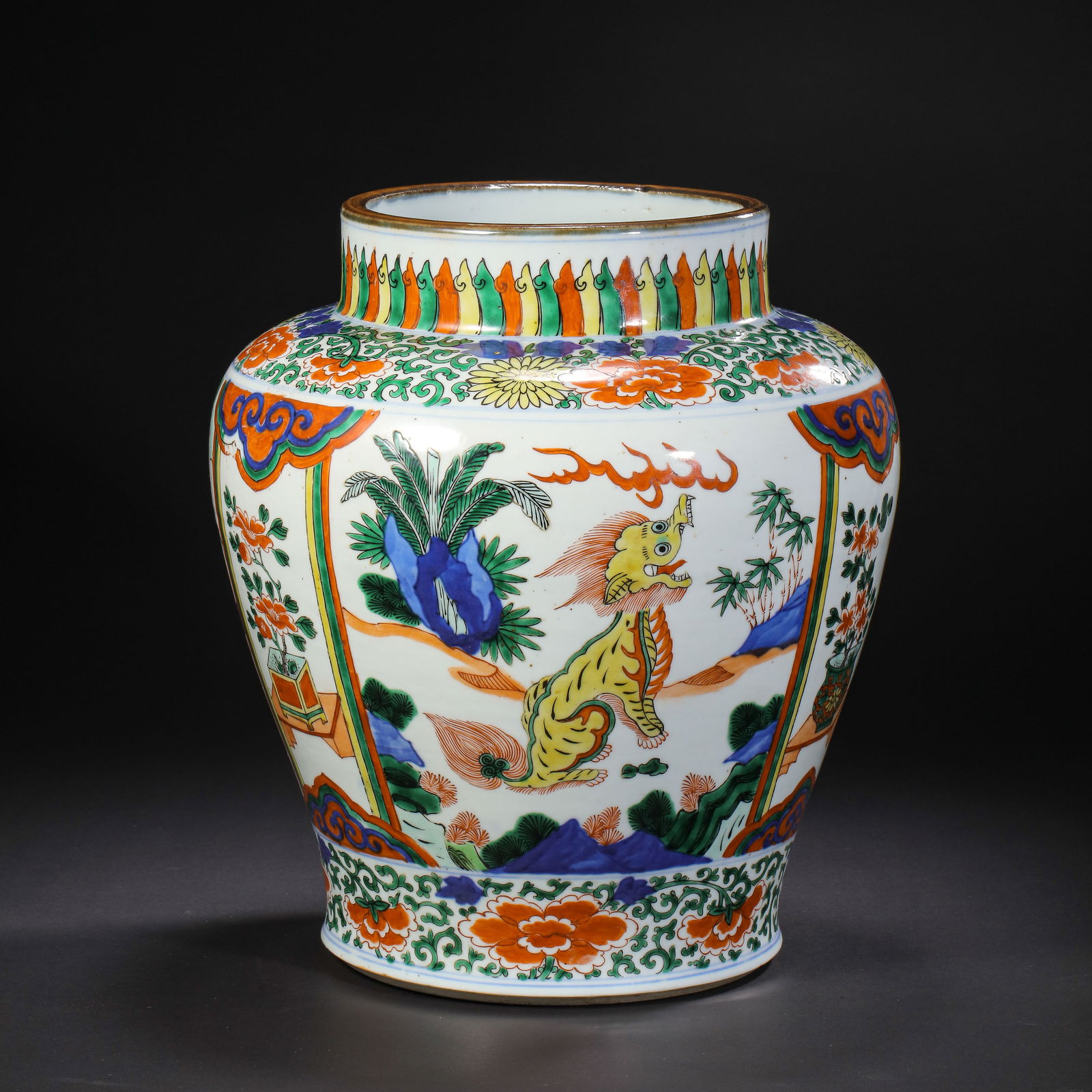 Chinese Ming Dynasty polychrome auspicious beast patterned jar with constricted mouth (1 of 8)