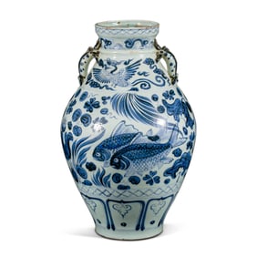 Chinese Yuan Dynasty Blue and White Porcelain Vase with Fish and Grass Design, Double Handles and