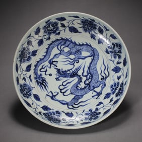 Chinese Yuan Dynasty Blue and White Dragon Pattern Plate