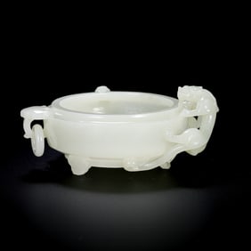 Chinese Qing Dynasty Hetian white jade ring-handled auspicious beast three-legged incense burner