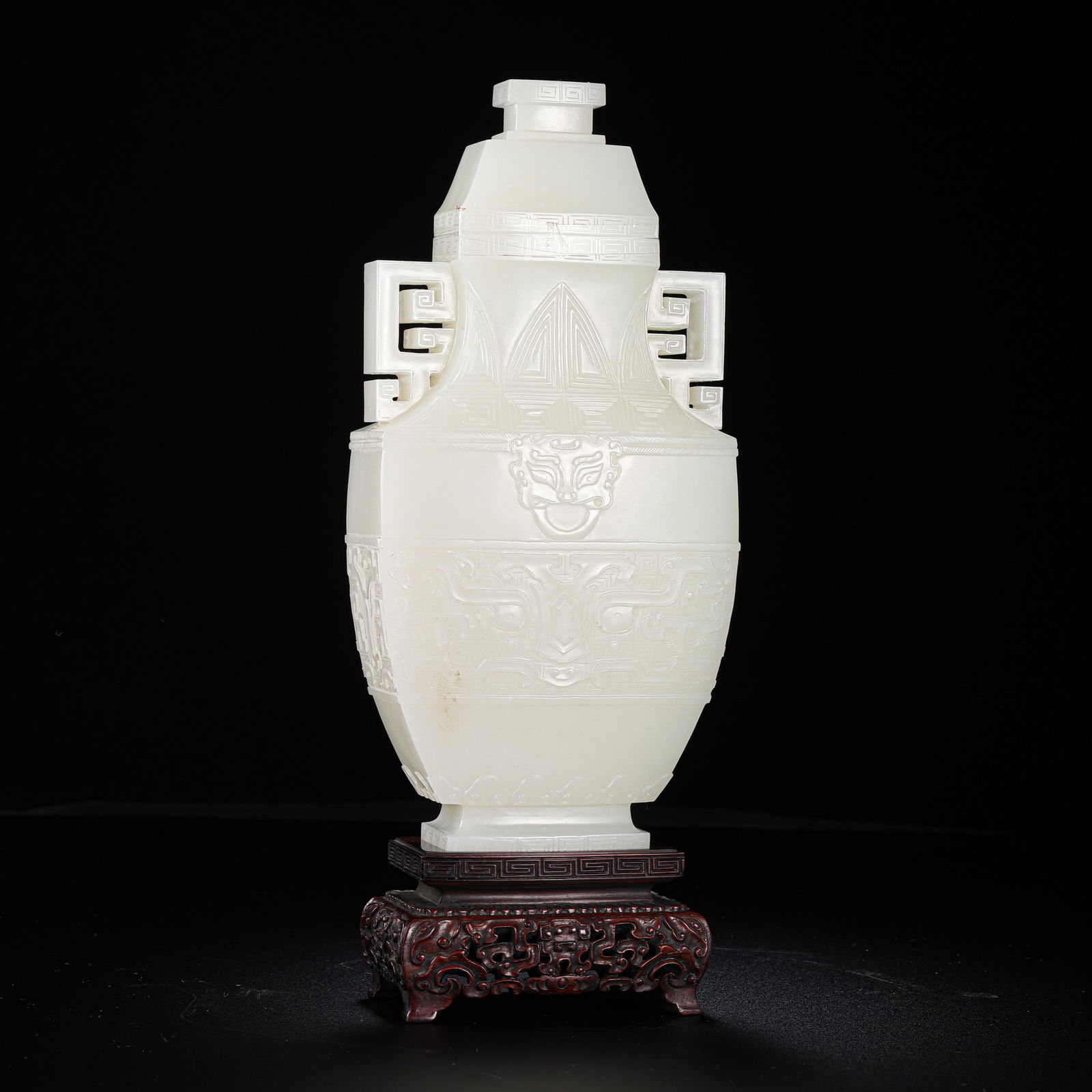 Chinese Qing Dynasty Hetian white jade double-eared covered vase with animal mask design (1 of 17)