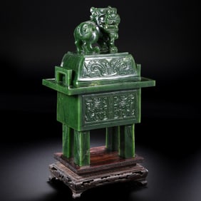 Chinese Qing Dynasty Hetian Jade Square Covered Incense Burner with Auspicious Beast Design
