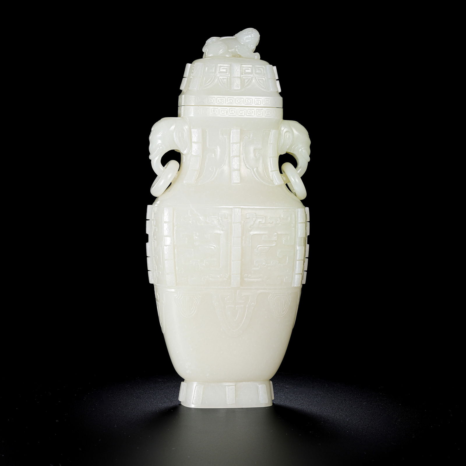 Chinese Qing Dynasty Hetian white jade vase with animal mask design and double ring handles (1 of 18)
