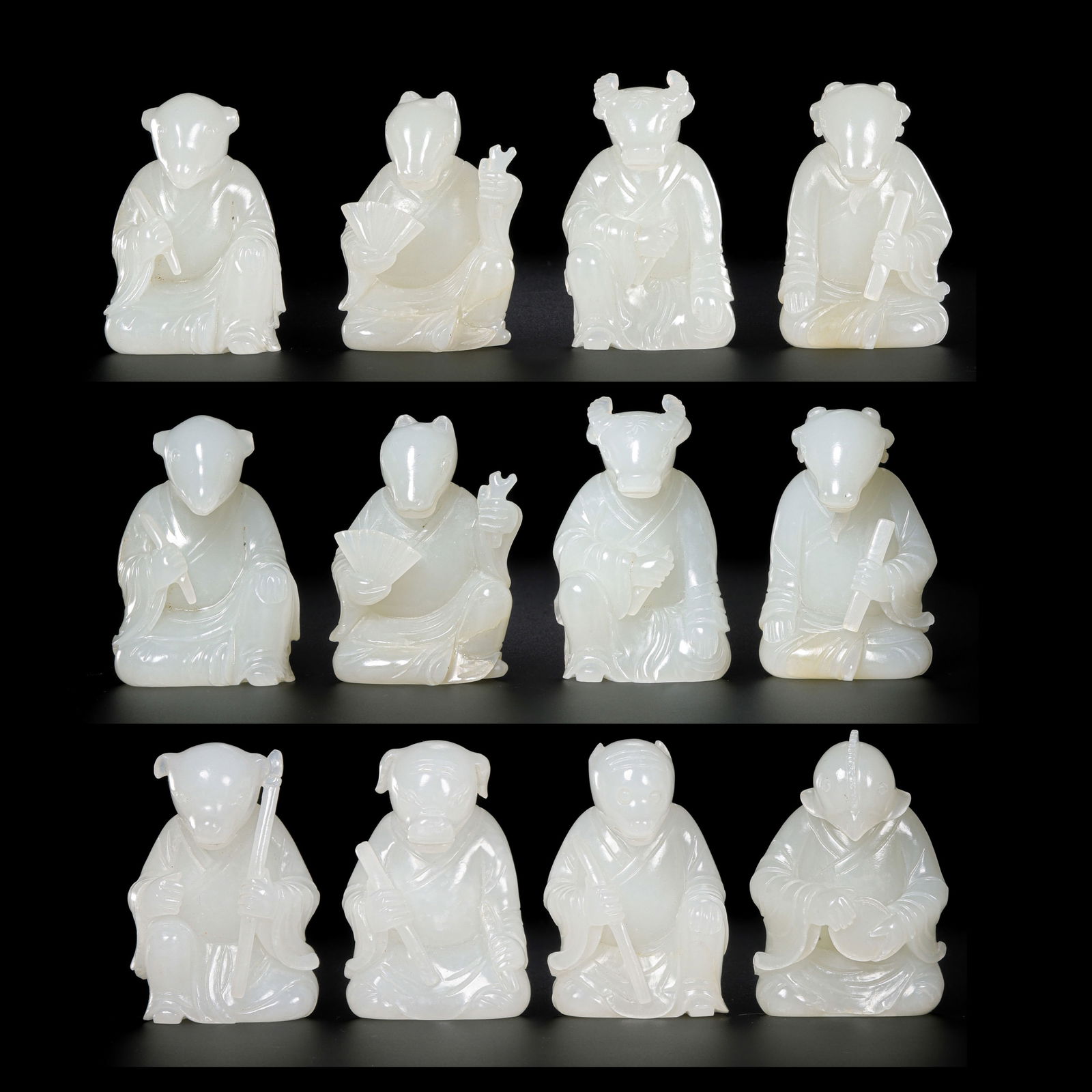 A set of twelve Chinese zodiac animals made of Hetian white jade from the Qing Dynasty. (1 of 20)