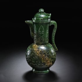 Chinese Qing Dynasty Hetian Jade Ewer with Animal Mask Design