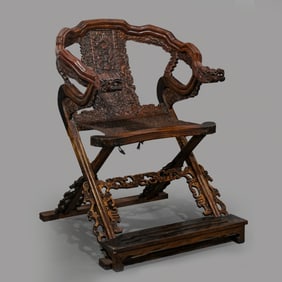 Chinese Qing Dynasty Huanghuali Wood Folding Chair with Dragon Pattern