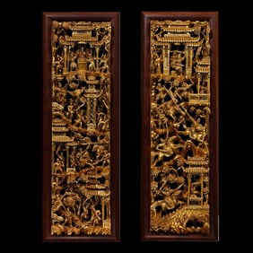 A pair of Chinese Qing Dynasty rosewood lacquer and gold hanging screens