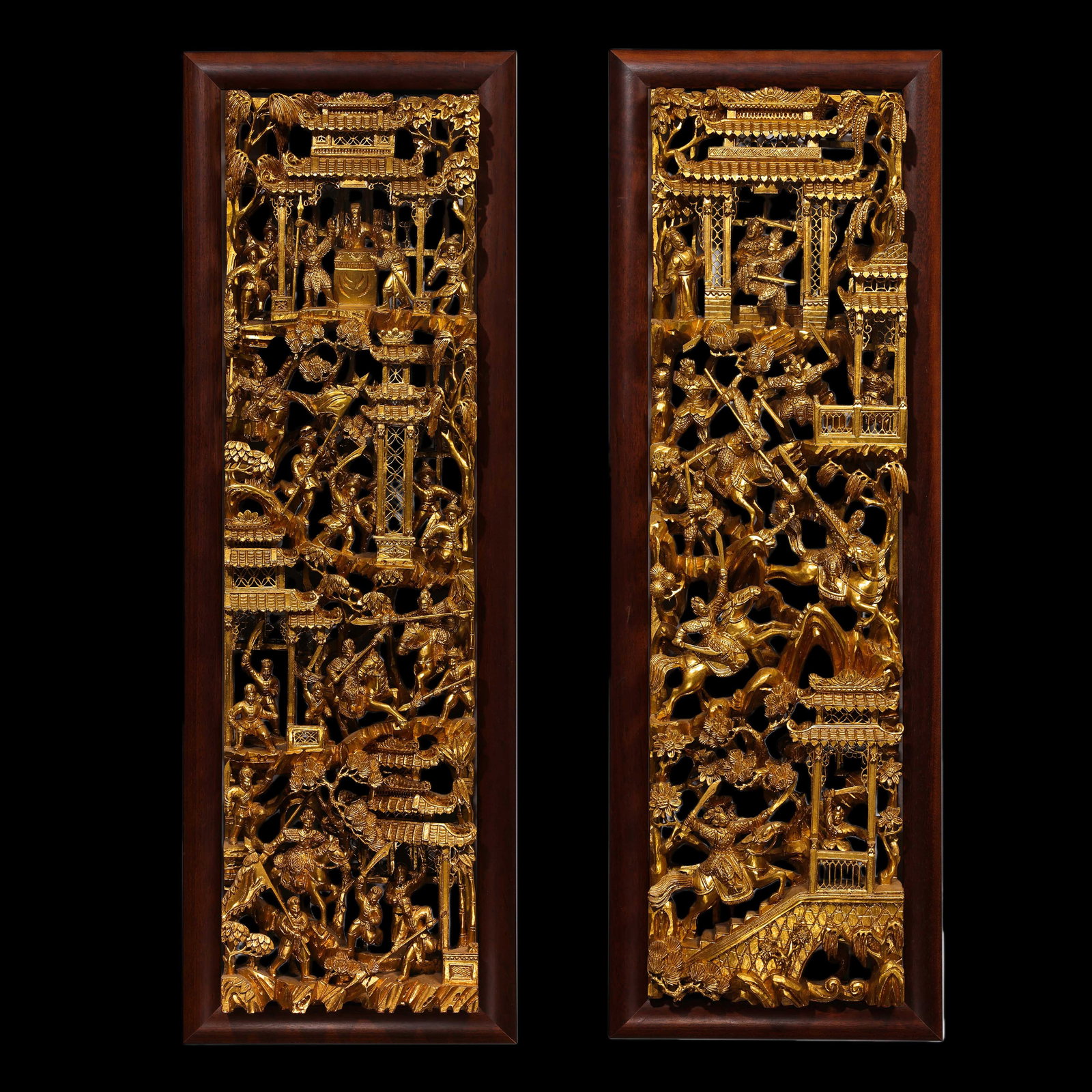 A pair of Chinese Qing Dynasty rosewood lacquer and gold hanging screens (1 of 14)