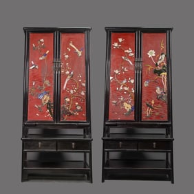 A pair of Chinese Qing Dynasty rosewood carved red lacquer inlaid treasure cabinets