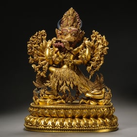 A gilt bronze standing statue of Vajrabhairava from the Yongle period of the Ming Dynasty in China.