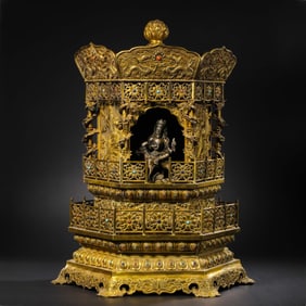 Gilt Bronze Buddhist Pavilion inlaid with gemstones from the Ming Dynasty, China