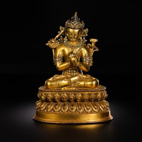 Chinese Ming Dynasty Gilt Bronze Seated Buddha Statue Inlaid with Gemstones