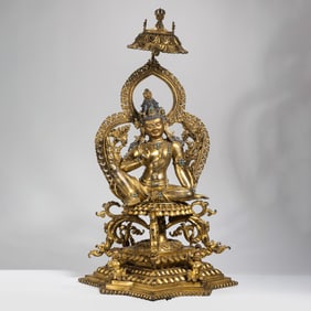 Chinese Ming Dynasty Gilt Bronze Seated Buddha Statue Inlaid with Turquoise