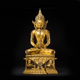 Chinese Ming Dynasty Gilt Bronze Seated Buddha Statue Inlaid with Turquoise