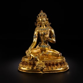 Chinese Qing Dynasty Gilt Bronze Seated Buddha Statue Inlaid with Turquoise