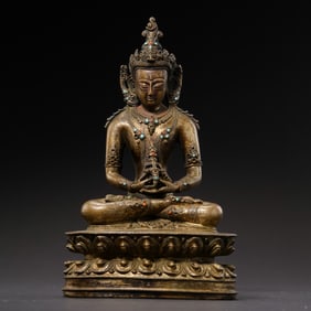 Chinese Ming Dynasty Alloy Bronze Inlaid Gemstone Seated Buddha Statue