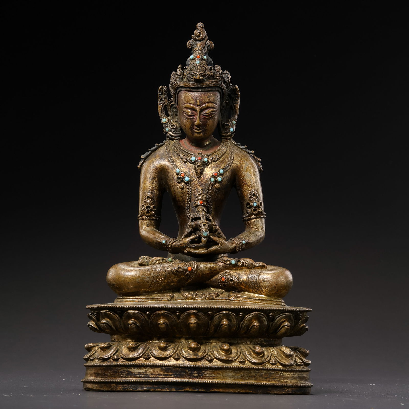 Chinese Ming Dynasty Alloy Bronze Inlaid Gemstone Seated Buddha Statue (1 of 10)