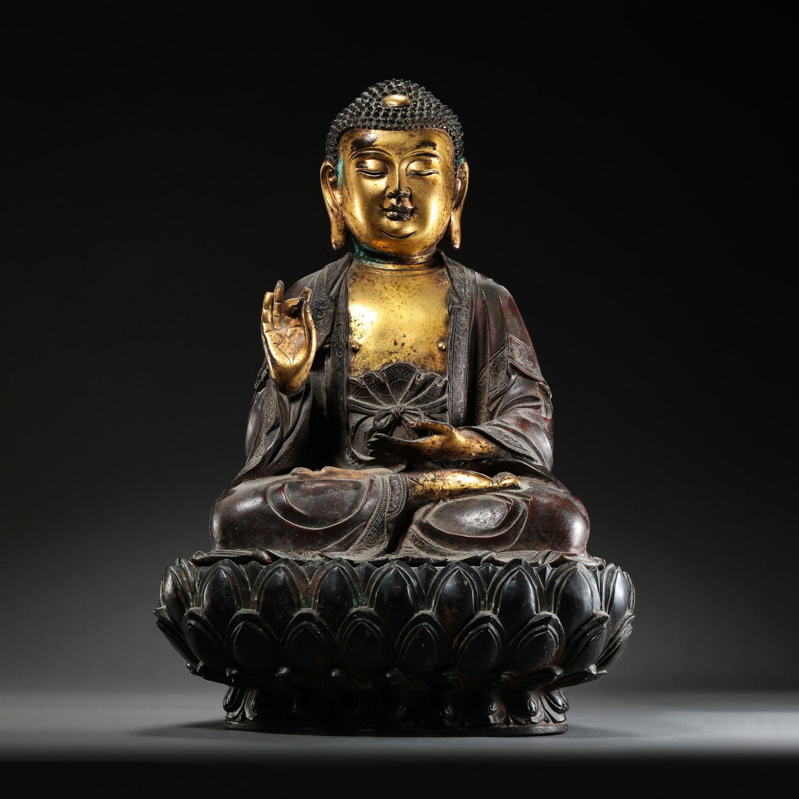 Gilt Bronze Seated Shakyamuni Buddha Statue from the Ming Dynasty, China: H. 37 cm. W. 25.5 cm. Weight. 9039 gram.