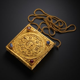 Chinese Ming Dynasty Pure Gold Inlaid Gemstone Buddhist Square Plaque