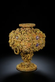 Chinese Han Dynasty Gold Incense Burner with Square Ring Handles Inlaid with Dragonfly Eye Design