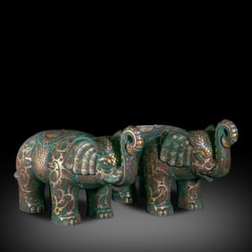 pair of Chinese Warring States period gold and silver inlaid elephants