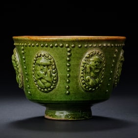 Chinese Sui Dynasty Green-Glazed and Yellow-Green-Glazed Appliquéd Cups