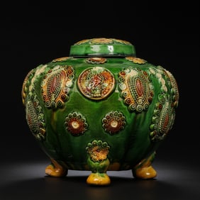 Chinese Tang Dynasty Sancai (three-color glazed) appliqué three-legged covered incense burner