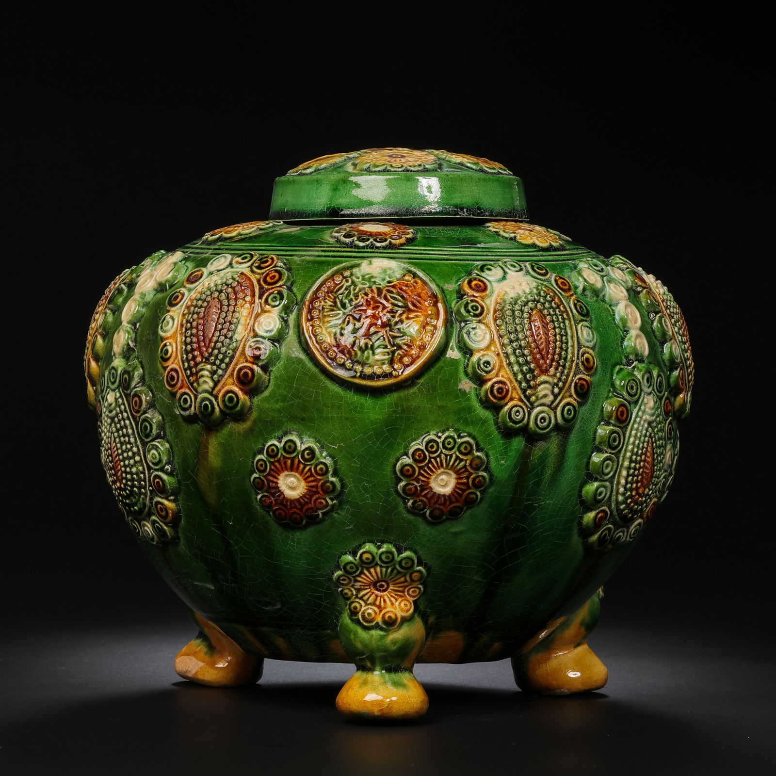 Chinese Tang Dynasty Sancai (three-color glazed) appliqué three-legged covered incense burner (1 of 15)