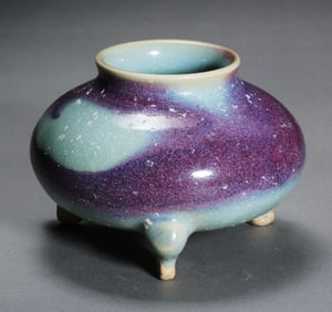 A three-legged censer with sky-blue glaze and red trim from the Jun kiln of the Northern Song
