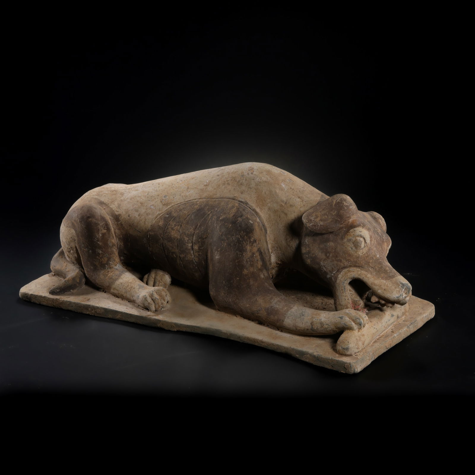 A RARE AND EXPRESSIVE POTTERY FIGURE OF A RECLINING HOUNDTANG DYNASTY (618-907): Description The pottery figure is naturalistically modeled as a large, powerful hound in a reclining position. The animal is depicted resting on its belly with its front paws extended forward and its