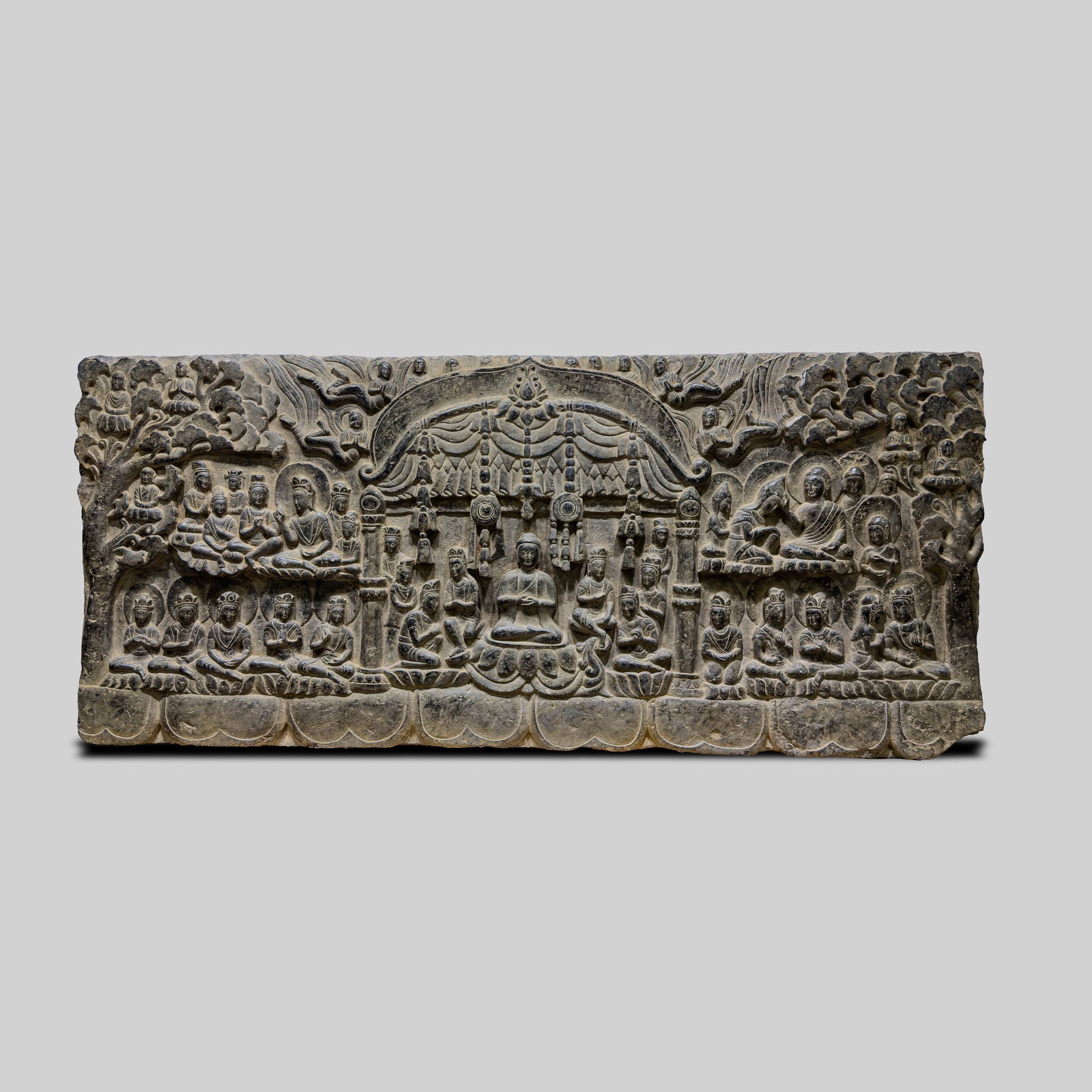 A MONUMENTAL AND RARE BLUESTONE HIGH-RELIEF ARCHITECTURAL PANELTANG DYNASTY (618–907 AD) (1 of 9)