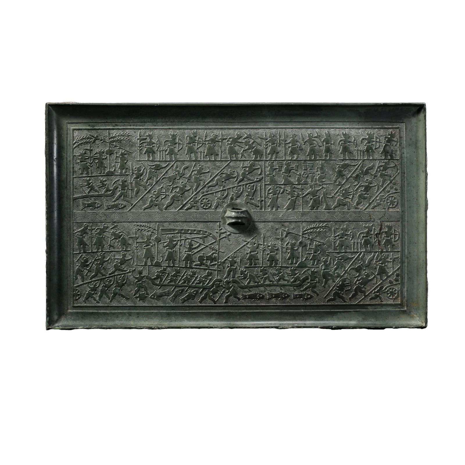 A RARE AND IMPORTANT LARGE SQUARE BRONZE 'BATTLE SCENE' MIRRORHAN DYNASTY OR EARLIER (C. 3RD CENTURY: Description The bronze mirror is of a rare, substantial rectangular form. The reverse is masterfully cast in low relief with a dynamic and intricate battle scene, depicting a chaotic yet rhythmic arra