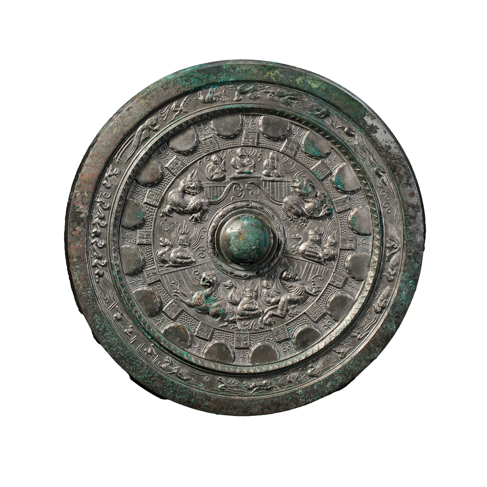 A MAGNIFICENT AND RARE LARGE BRONZE 'AUSPICIOUS BEASTS' MIRROR TANG DYNASTY (618-907) (1 of 8)