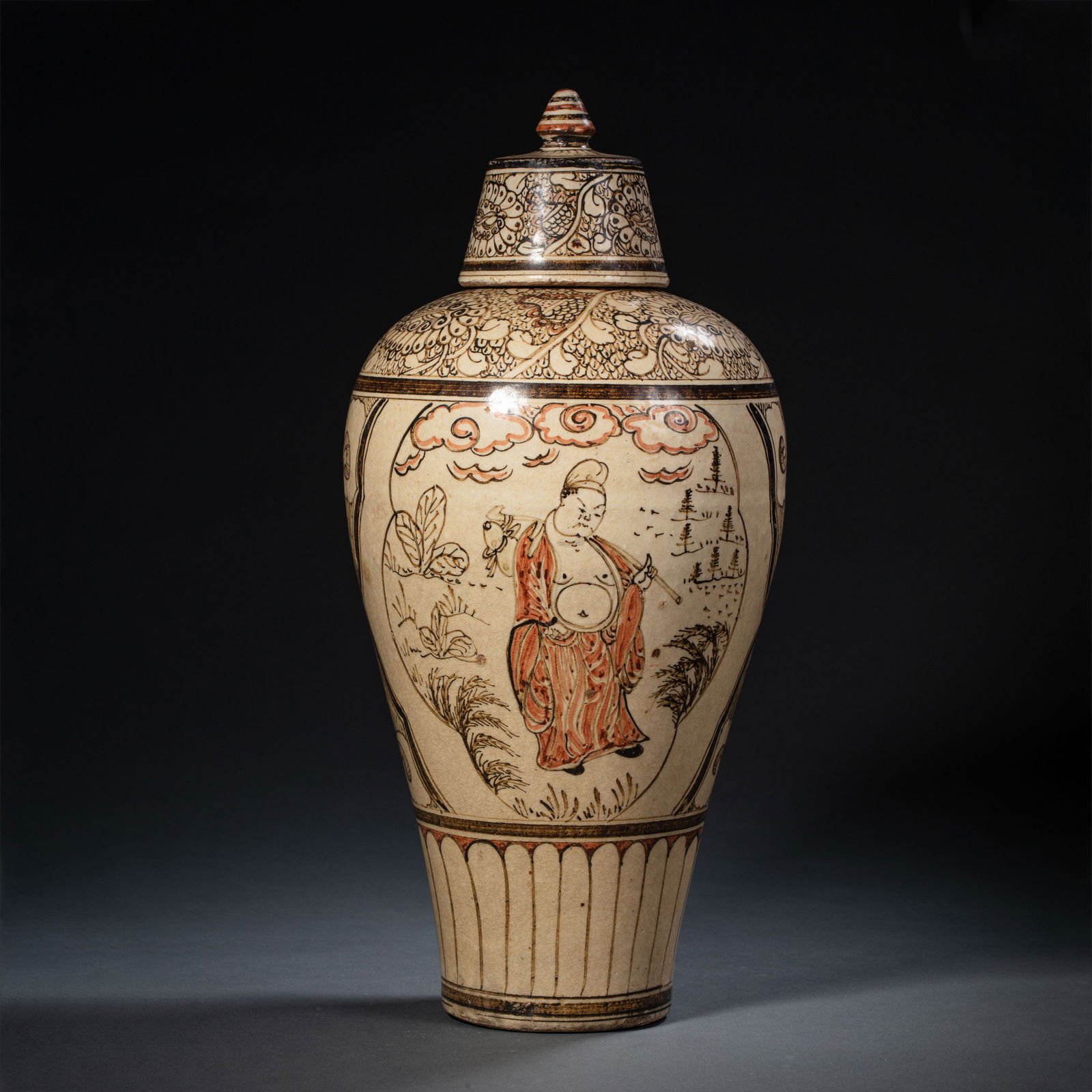 LARGE AND RARE 'CIZHOU' PAINTED 'NARRATIVE' MEIPING SONG - JIN DYNASTY (12TH – 13TH CENTURY): The vase is sturdily potted in the classic meiping form, featuring a small waisted neck, broad rounded shoulders, and a tall body tapering gracefully to a slightly flared foot. The exterior is masterf