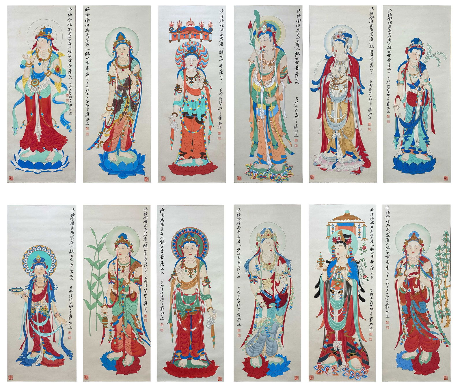ZHANG DAQIAN (1899–1983) THE TWELVE MANIFESTATIONS OF GUANYIN (AVALOKITESVARA): Ink and Color on Paper , A Set of Twelve Hanging Scrolls, Mounted Description This monumental and exceptionally rare set of twelve hanging scrolls (shi-er-tiao-ping) represents a pinnacle of Zhang Daq