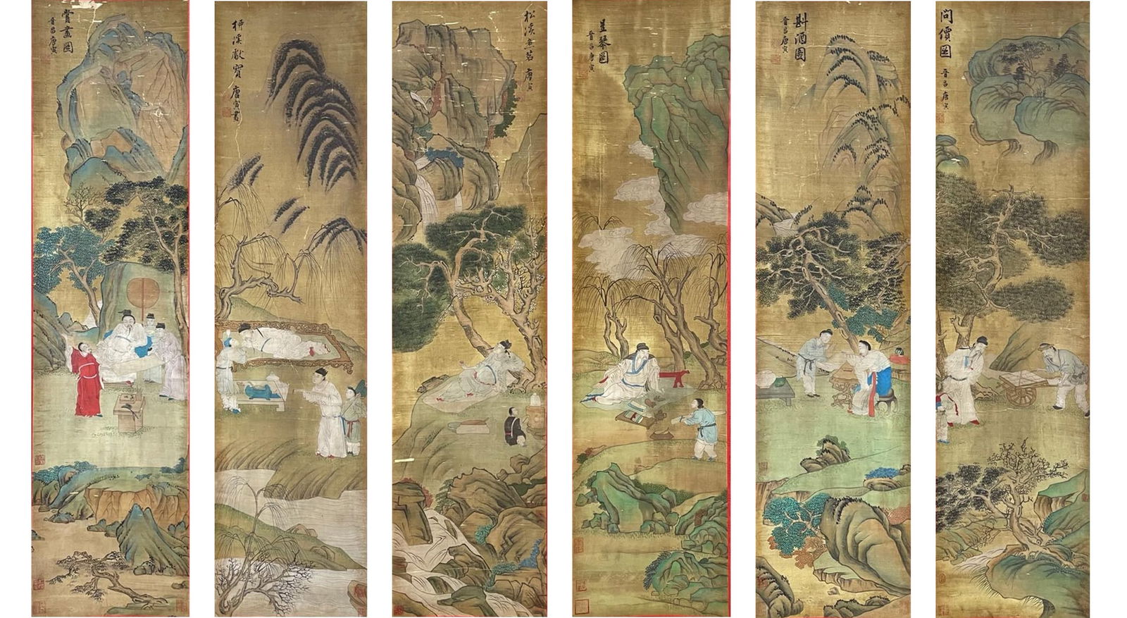 TANG YIN (1470–1524), ATTRIBUTED TO SCHOLARLY PURSUITS: A SET OF SIX FIGURES AND NARRATIVE: TANG YIN (1470–1524), ATTRIBUTED TO SCHOLARLY PURSUITS: A SET OF SIX FIGURES AND NARRATIVE LANDSCAPESInk on Silk, A Set of Six Hanging Scrolls, Mounted Description This monumental set of six hanging