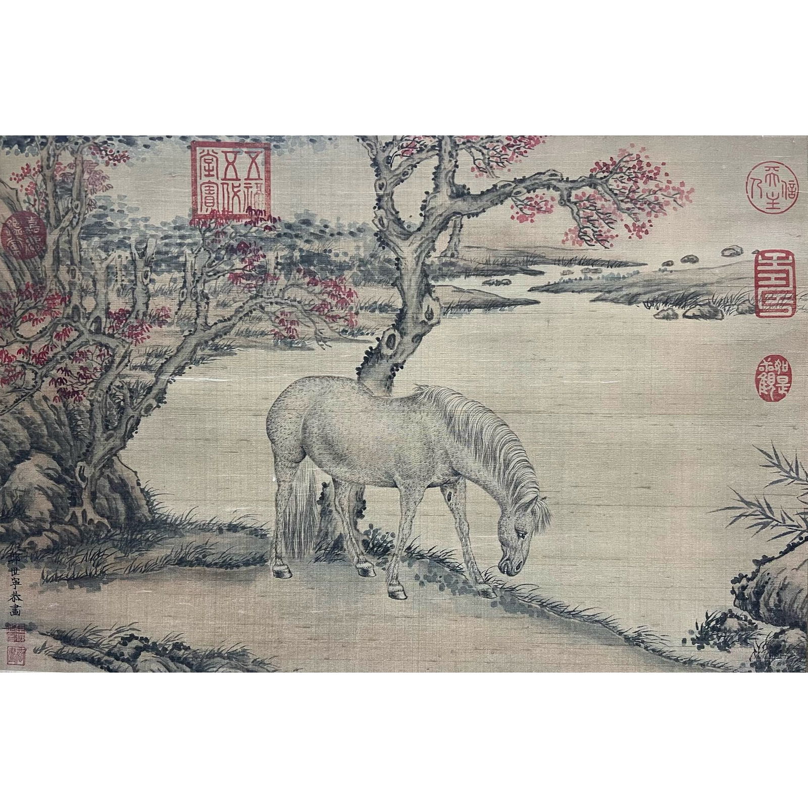 GIUSEPPE CASTIGLIONE (LANG SHINING, 1688–1766) A NOBLE STEED (BAO MA TU): Ink on Silk, Hanging Scroll, Mounted Description This exceptional hanging scroll (li-zhou) is a masterful demonstration of the unique synthesis of European realism and Chinese traditional aesthetics,