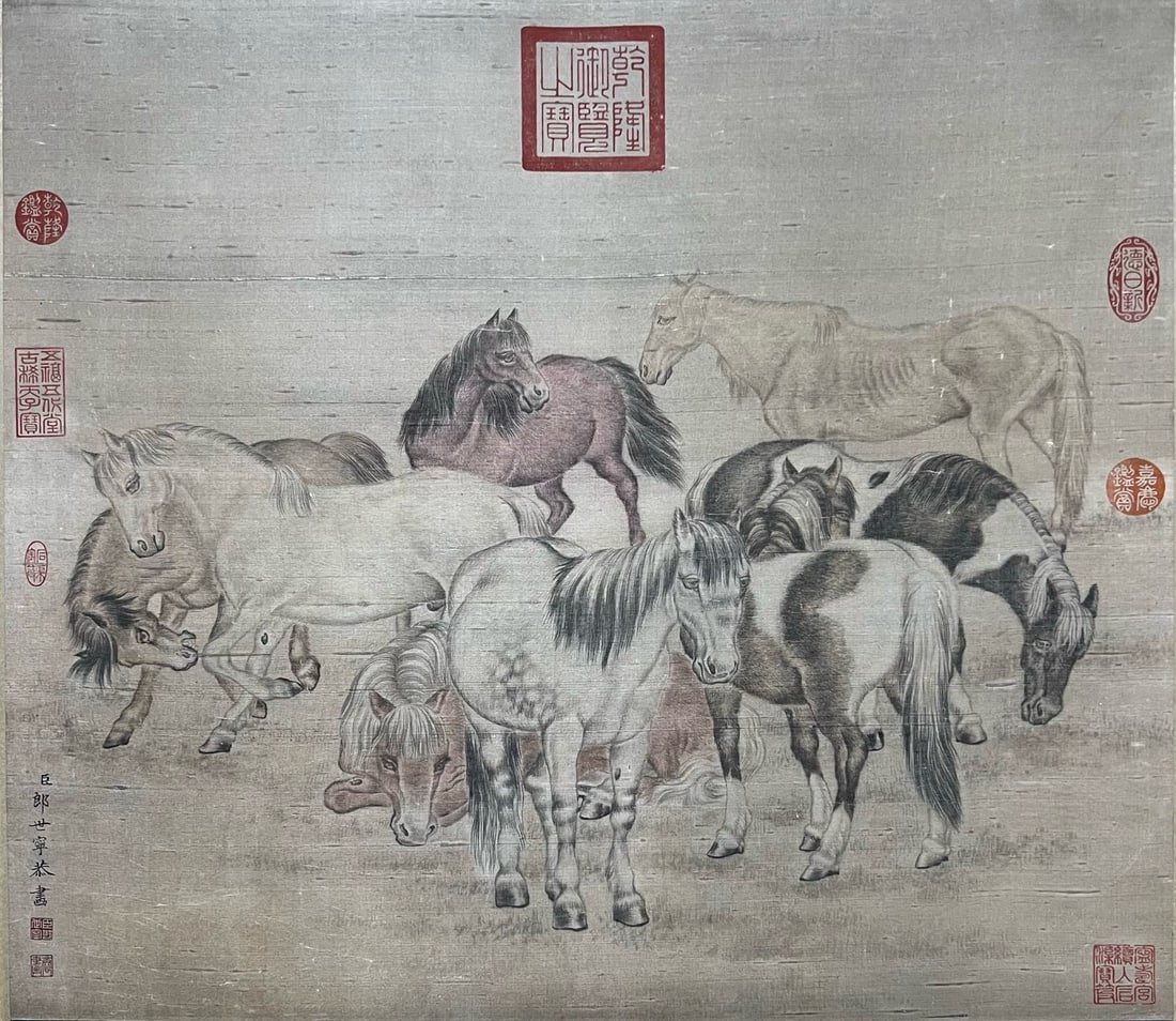 GIUSEPPE CASTIGLIONE (LANG SHINING, 1688–1766) EIGHT NOBLE STEEDS (BA JUN TU): Ink on Silk, Hanging Scroll, Mounted Description This exceptional hanging scroll (li-zhou) is a masterful demonstration of the unique synthesis of European realism and Chinese traditional aesthetics,