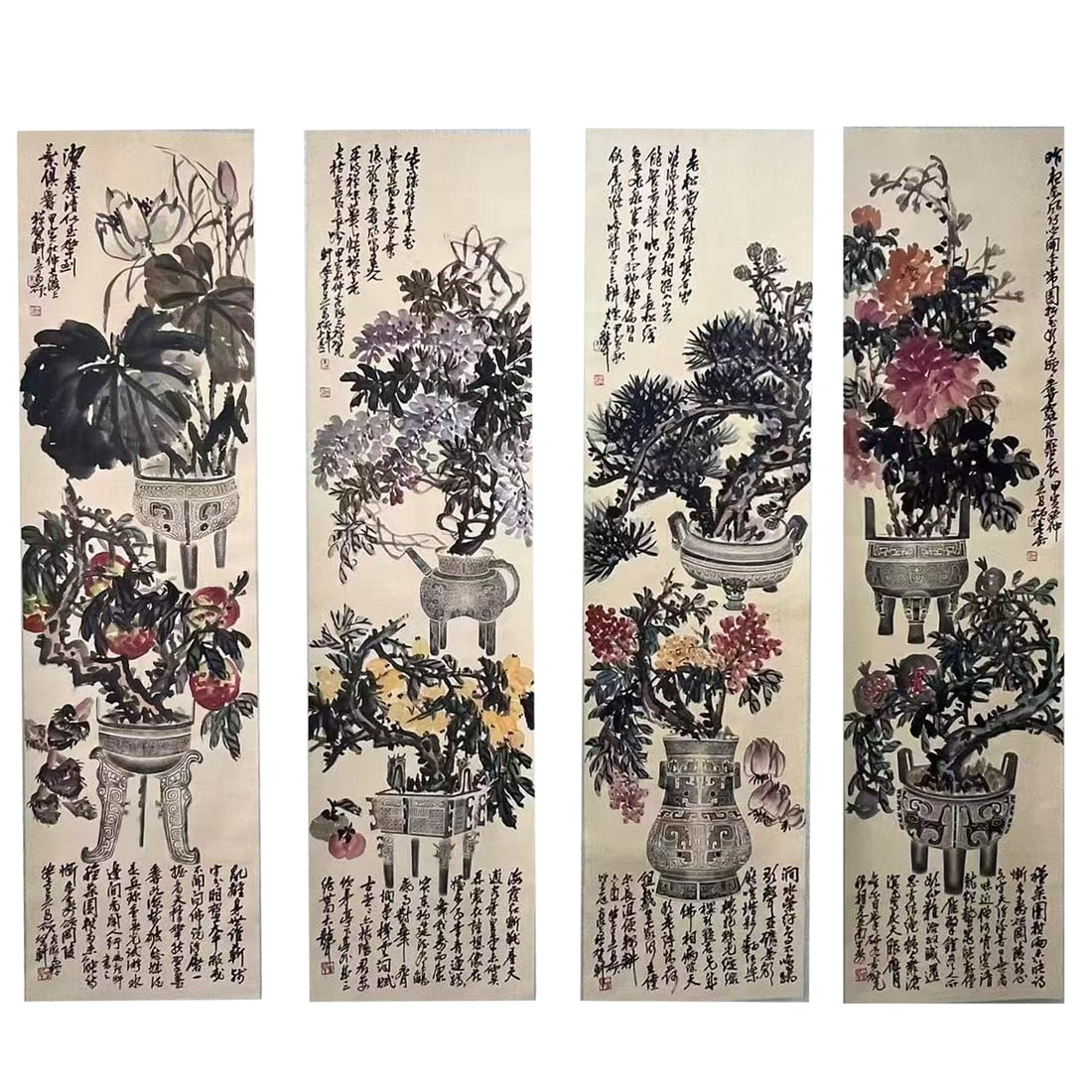 WU CHANGSHUO (1844-1927): Ink on Paper, A Set of Four Hanging Scrolls, Mounted Dimensions Image Size (Individual Scroll ):Height : 177.0 cm (69 ¾ in.)Width : 46.0 cm (18 ? in.)*If you win the item, we will provide custo