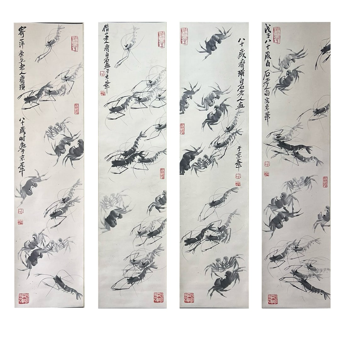 QI BAISHI (1864-1957): Ink on Paper, A Set of Four Hanging Scrolls, Mounted Dimensions Image Size (Individual Scroll ):Height : 136.0 cm (53.54 in.)Width : 32.0 cm (12.59 in.)*If you win the item, we will provide customized