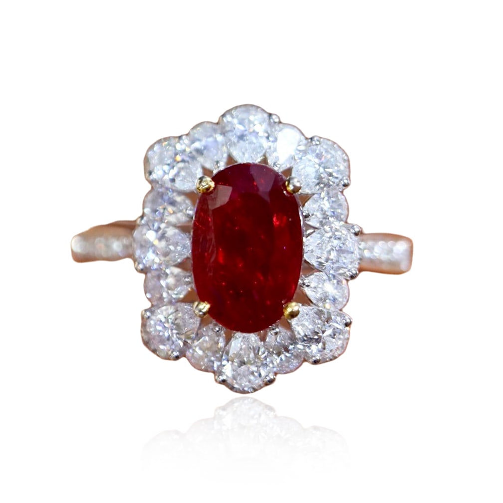 CGRL 18KGOLD AND DIAMOND RING SET WITH NATURAL BURMESE RUBIES: Main Stone: 2.0 ct. Diamonds: 1.092 ct. Weight. 4.63 gram. Ring 7 #.*If you win the item, we will provide customized packaging tailored specifically for your goods. If you have any specific requests,