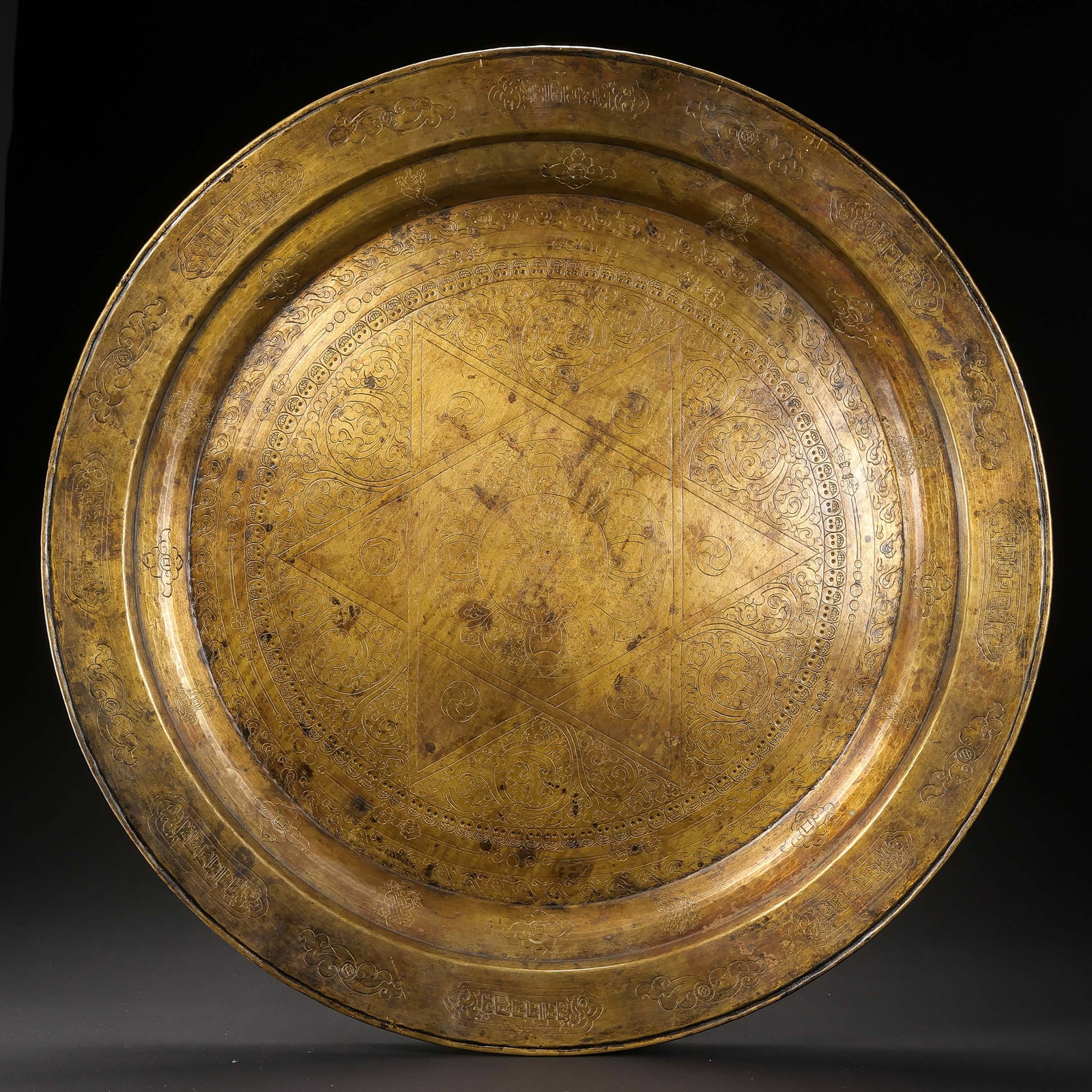 Chinese Ming Dynasty Tibetan Buddhist Gilt Bronze Mandala Plate: D . 59 cm . Weight 2578 gram .