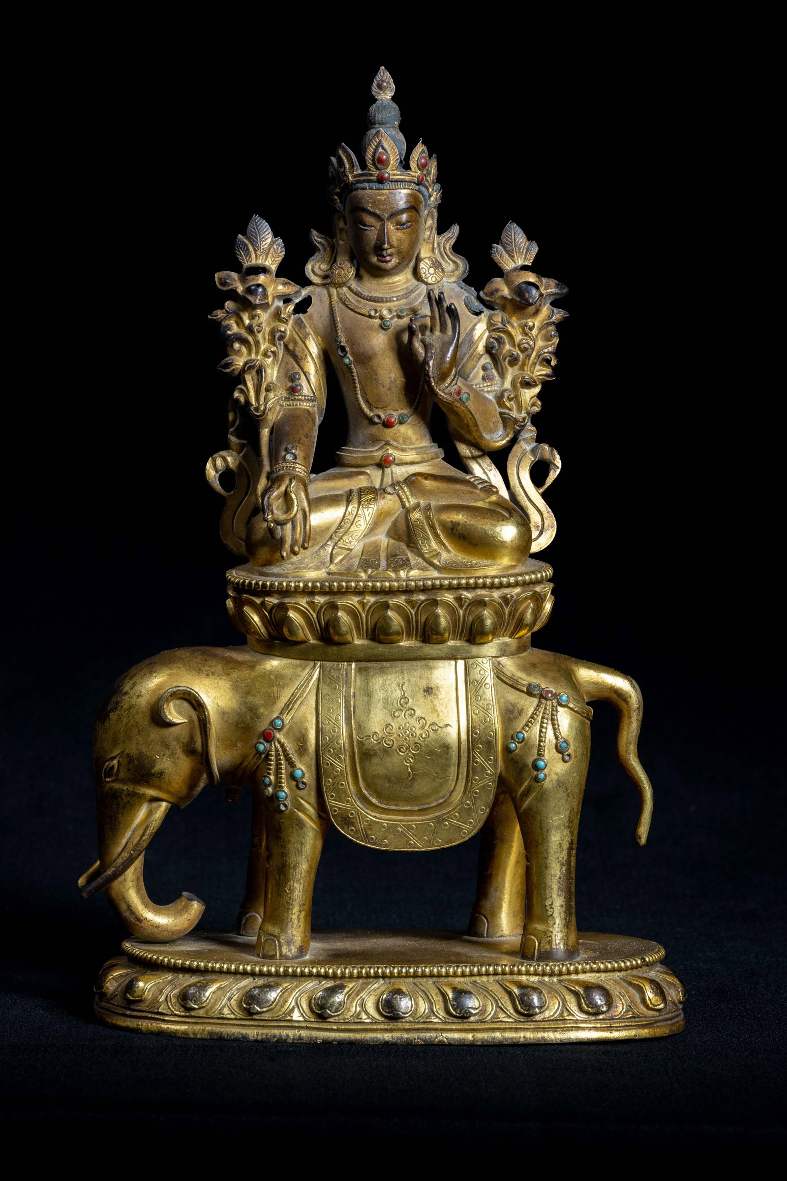 Chinese Ming Dynasty Gilt Bronze Seated Buddha Statue Inlaid with Gemstones: H . 21 cm . W . 13 cm .